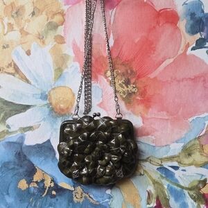 Brighton Olive Green Patent Leather Rose Floral Coin Crossbody Mini Bag